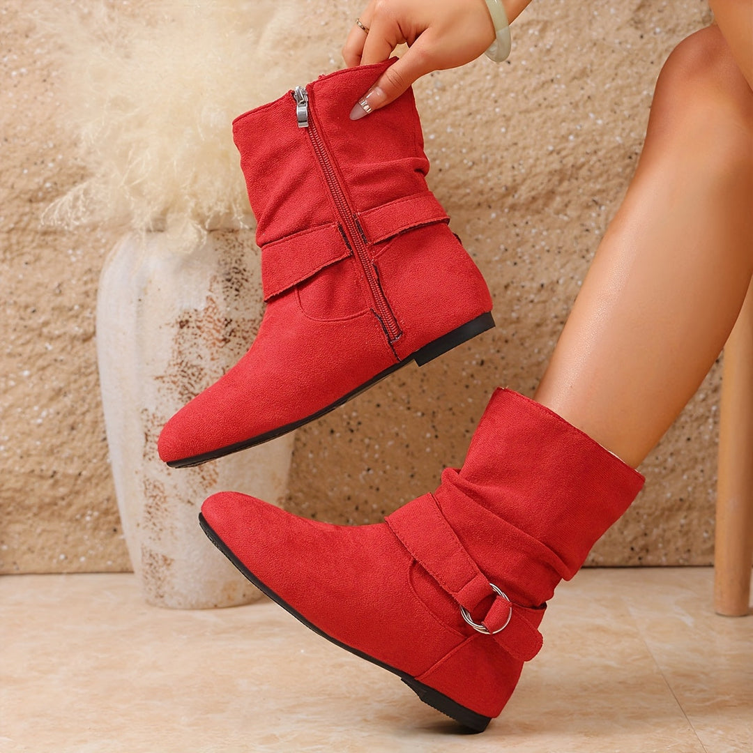 Delaney™ | Women's Slouch Buckle Mid Calf Boots with Side Zip