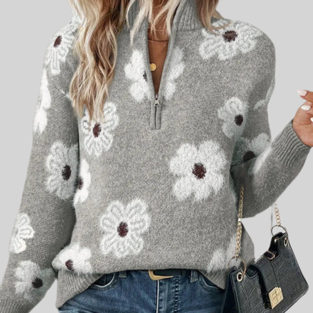 Dionysia™ | Women's Daisy Floral Half Zip Knit Sweater with Collar
