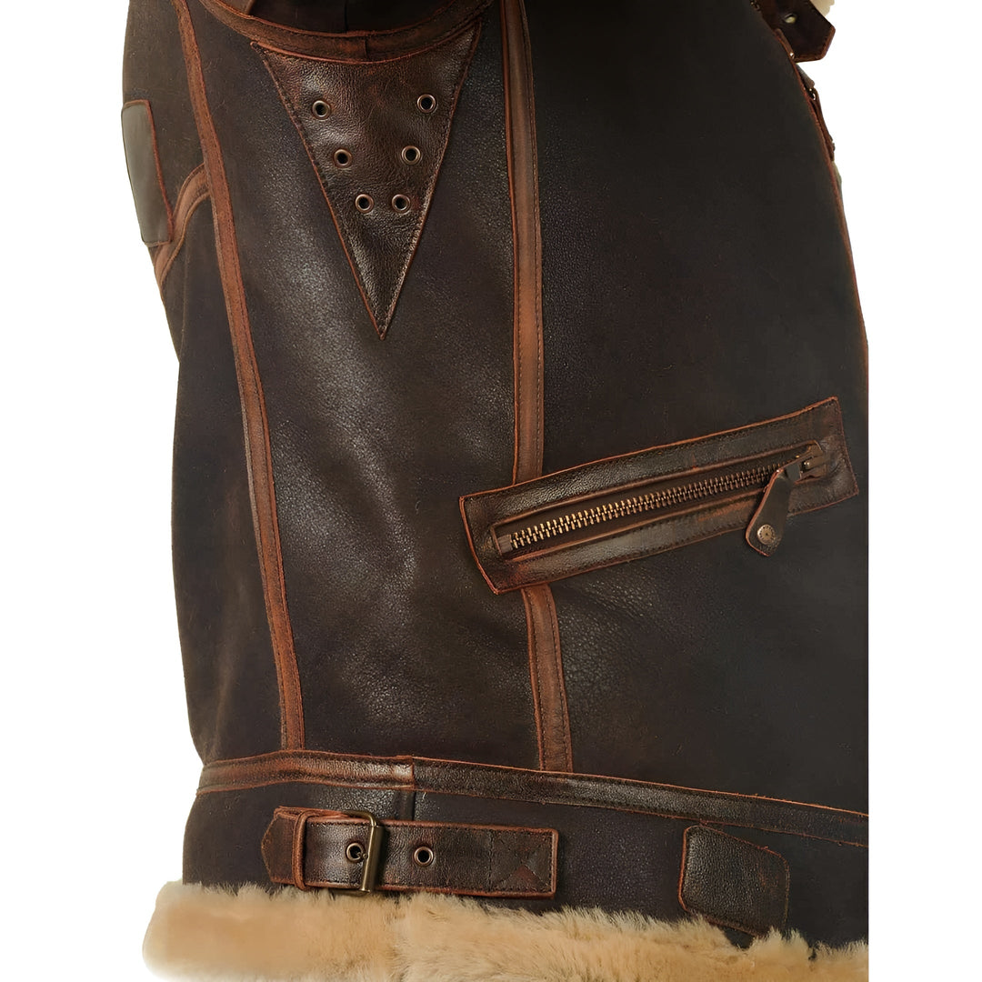 Leather Aviator Jacket with Shearling Collar in Dark Brown