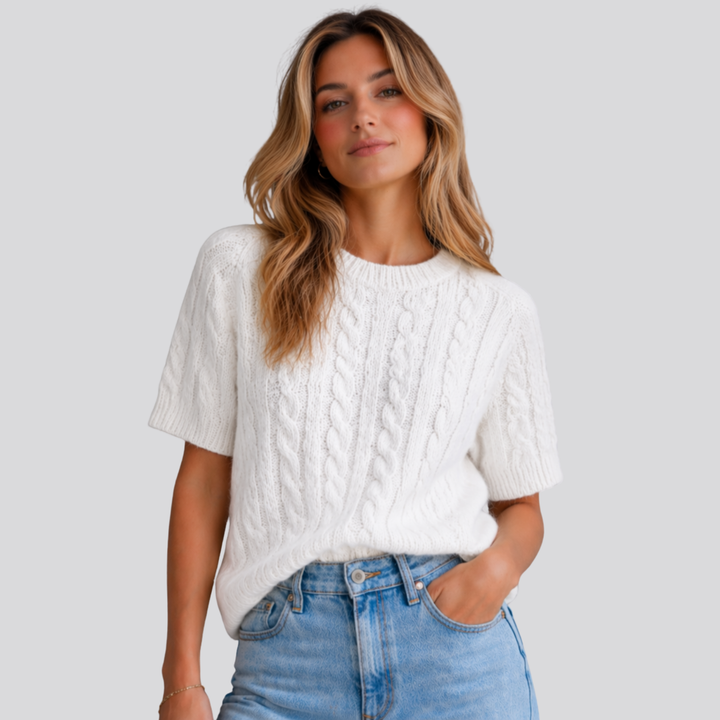 Marisol™ | Merino Wool Short Sleeve Cable Knit Top