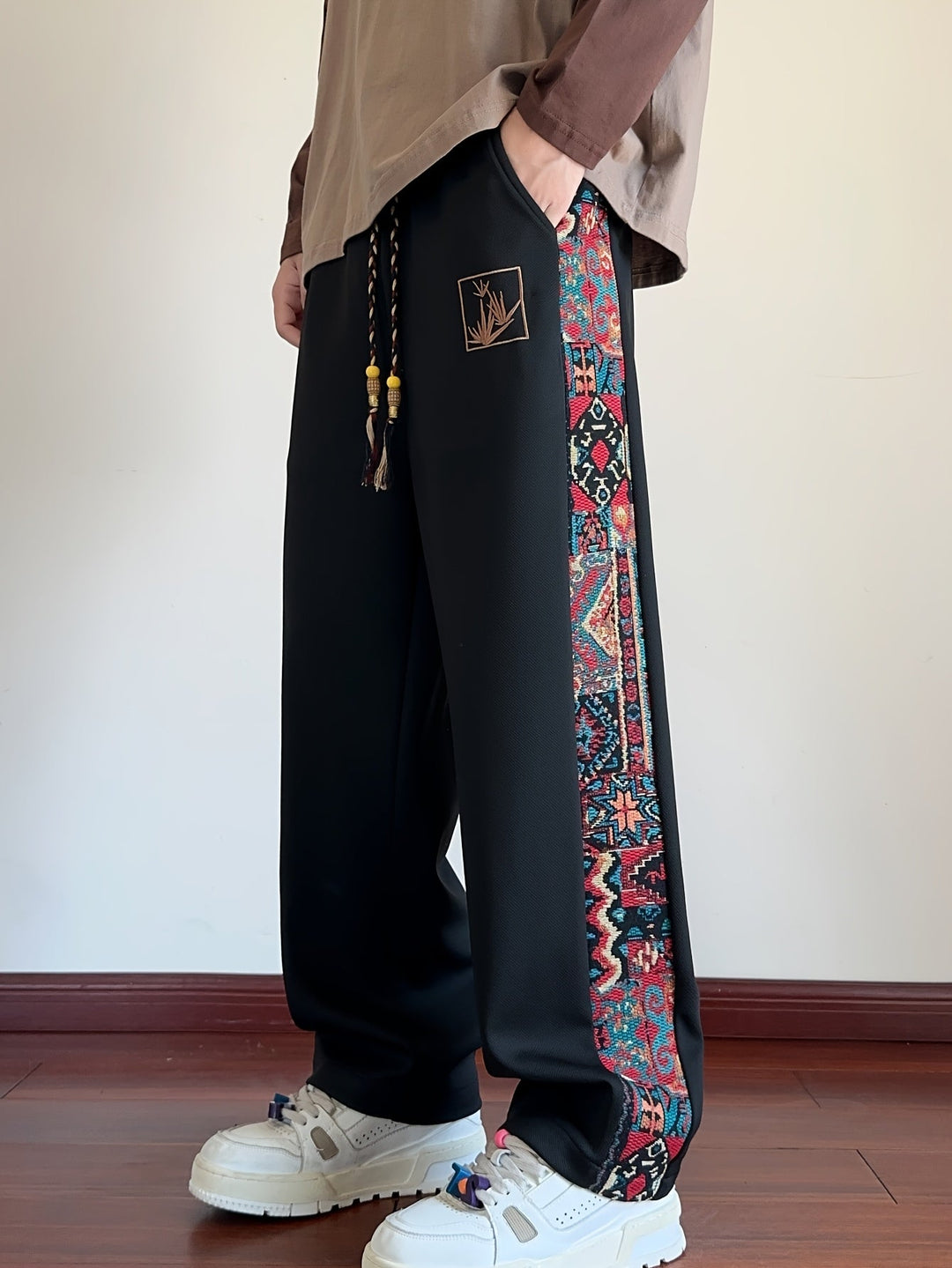 Rafael™ | Men's Wide Leg Drawstring Trousers with Patterned Side Panel