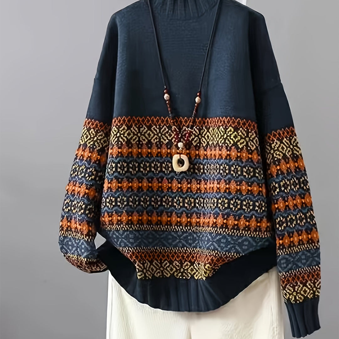 Ianthe™ | Women's Vintage Jacquard Knit Sweater with Mock Neck