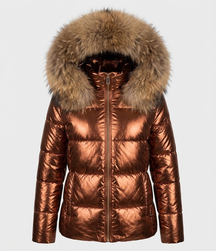 Cosima™ | Women's Metallic Puffer Jacket with Faux Fur Trim Hood