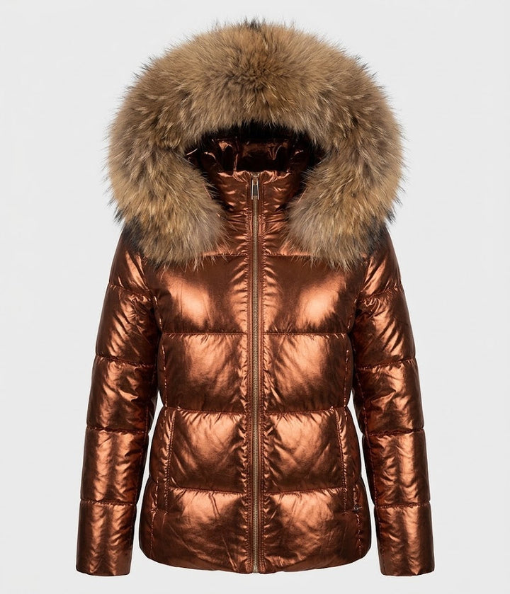 Cosima™ | Women's Metallic Puffer Jacket with Faux Fur Trim Hood