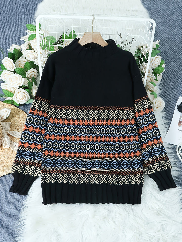 Ianthe™ | Women's Vintage Jacquard Knit Sweater with Mock Neck