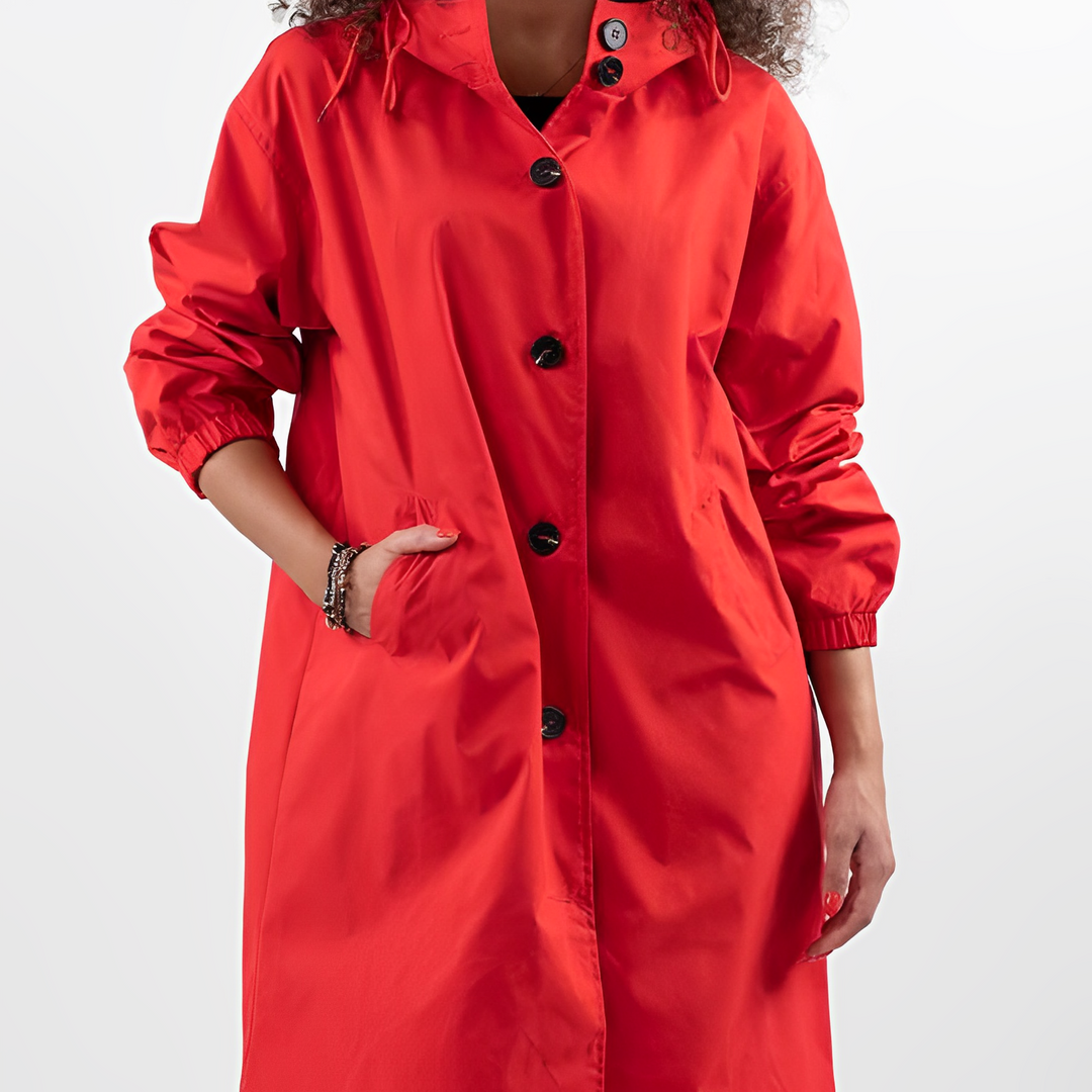 Lowri™ | Women's Hooded Longline Rain Coat with Button Front