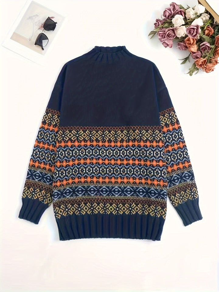 Ianthe™ | Women's Vintage Jacquard Knit Sweater with Mock Neck