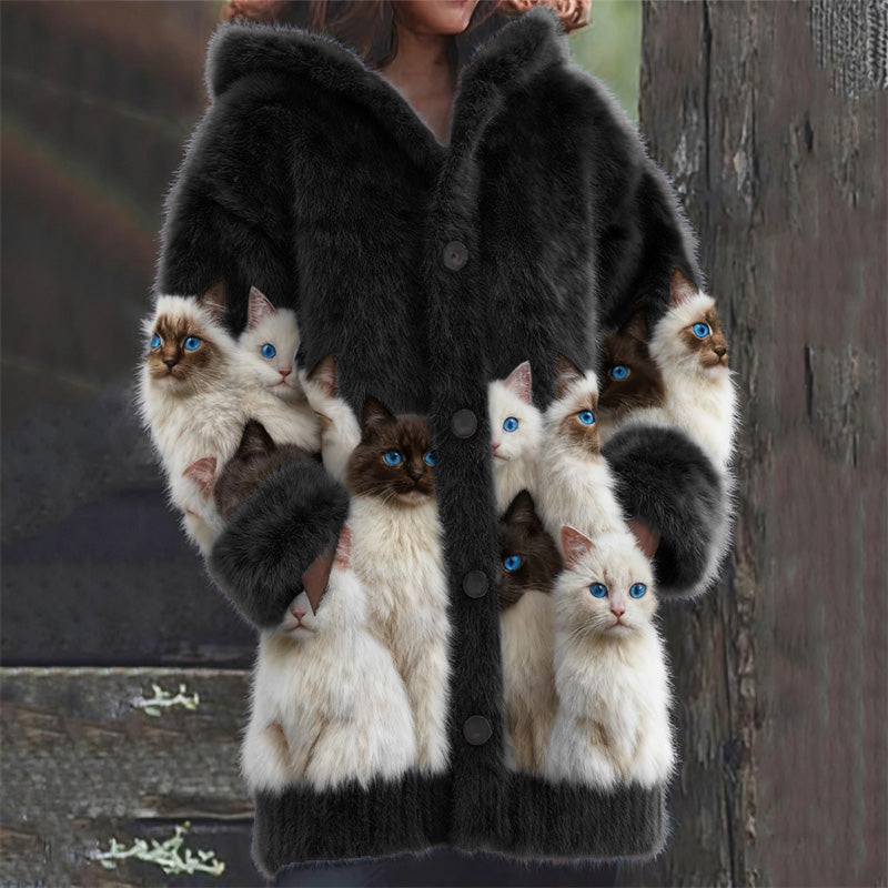Minette™ | Women's Hooded Plush Cardigan with Cat Motif