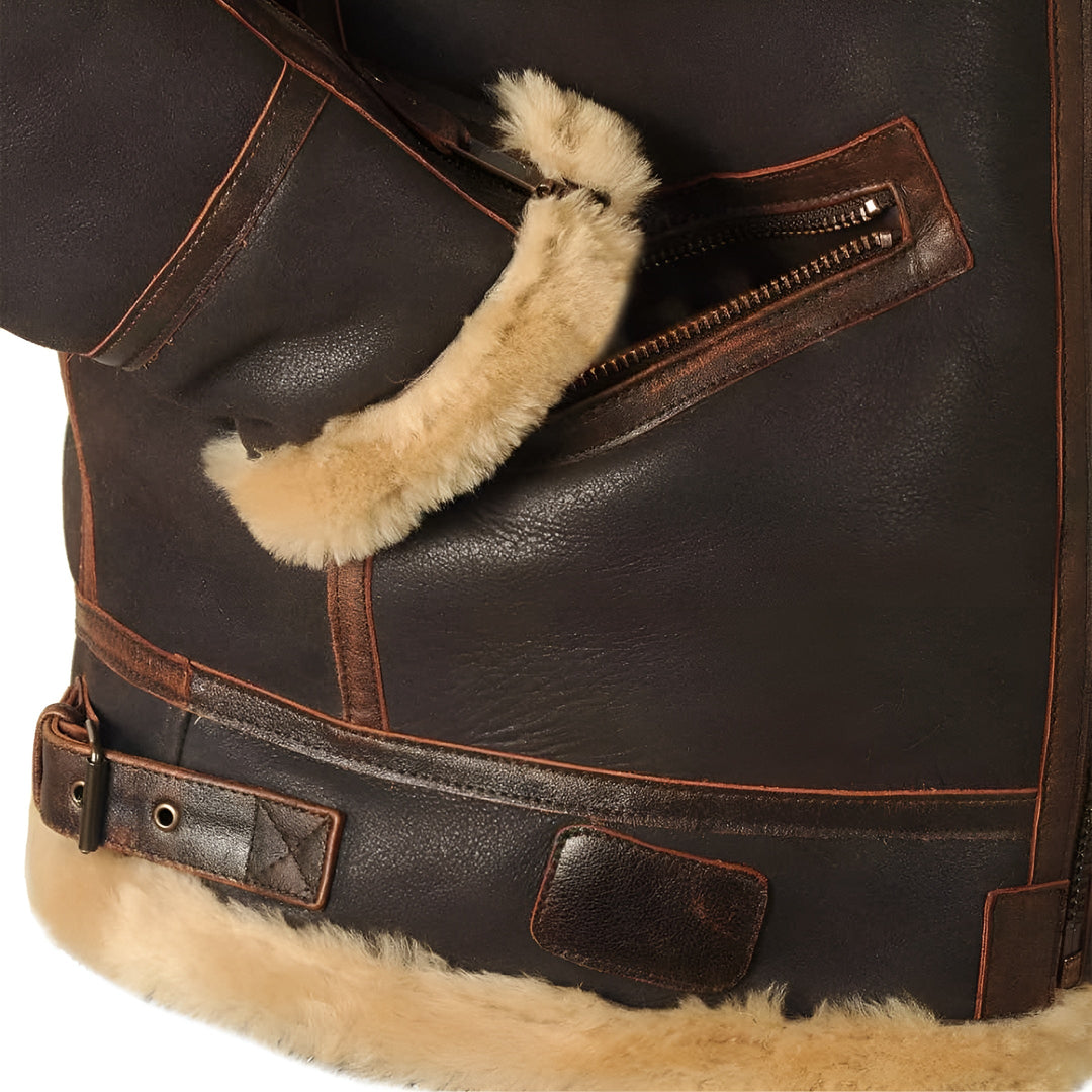 Leather Aviator Jacket with Shearling Collar in Dark Brown
