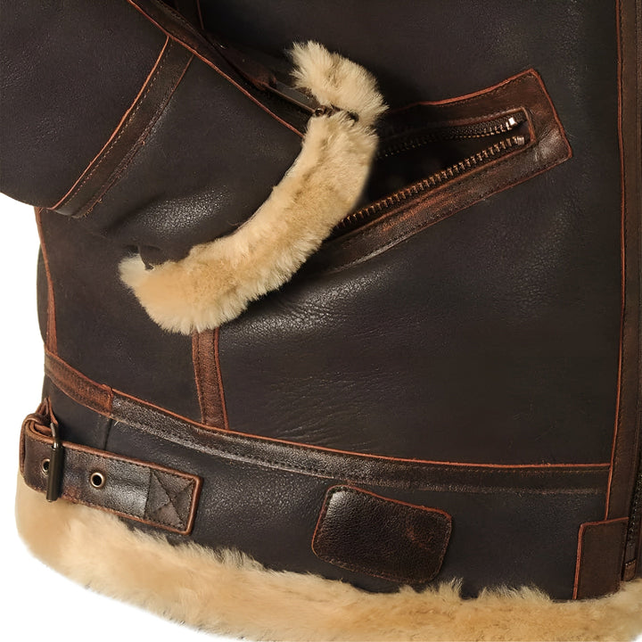 Leather Aviator Jacket with Shearling Collar in Dark Brown