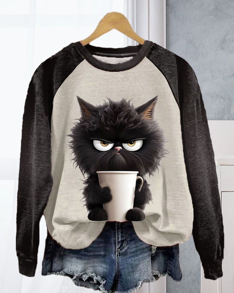 Tuva™ | Women's Grumpy Cat Coffee Graphic Raglan Sweatshirt