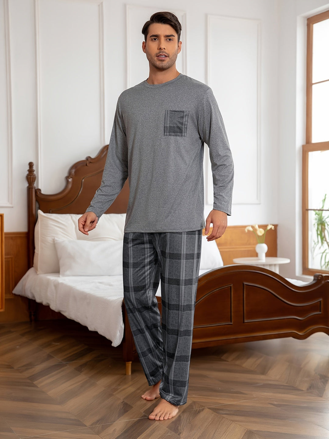 Wade™ | Men's Lounge Set with Crew Neck Top and Plaid Pants