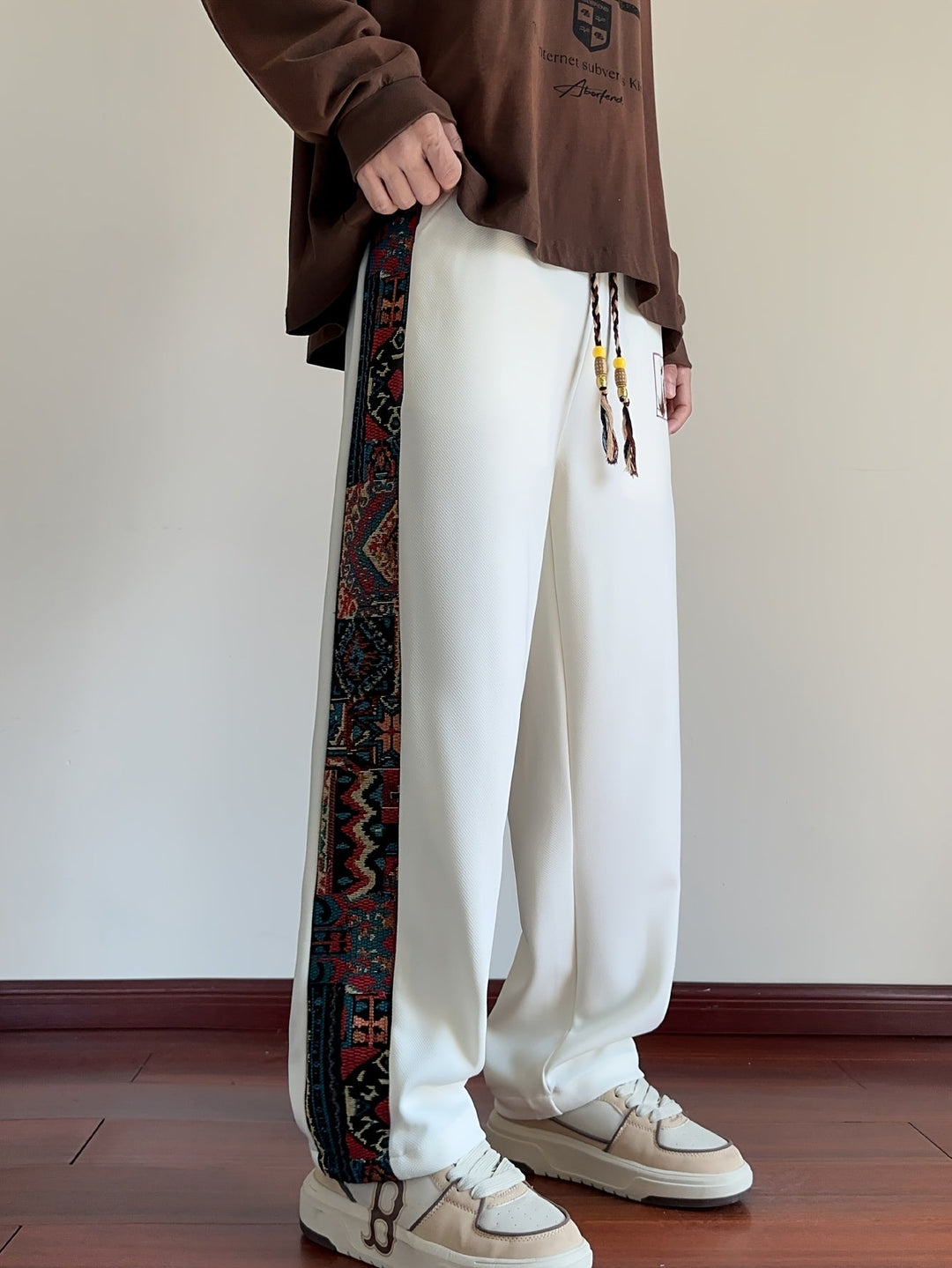 Rafael™ | Men's Wide Leg Drawstring Trousers with Patterned Side Panel