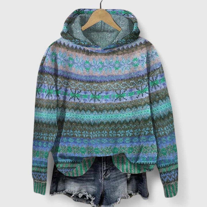 Elyvanyah™ | Women's Fair Isle Hooded Knit Sweater with High Low Hem