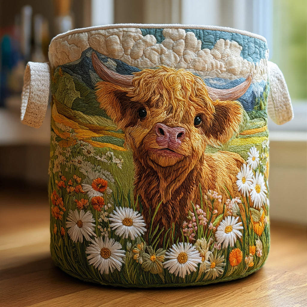 Highland Calf in the Daisies Laundry Basket – Quilted Collapsible Fabric Storage Hamper with Handles