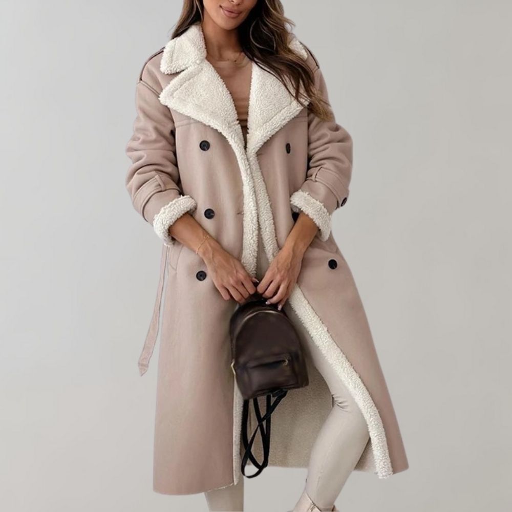 Ondine™ | Women's Faux Leather Double Breasted Long Coat with Faux Shearling Lining