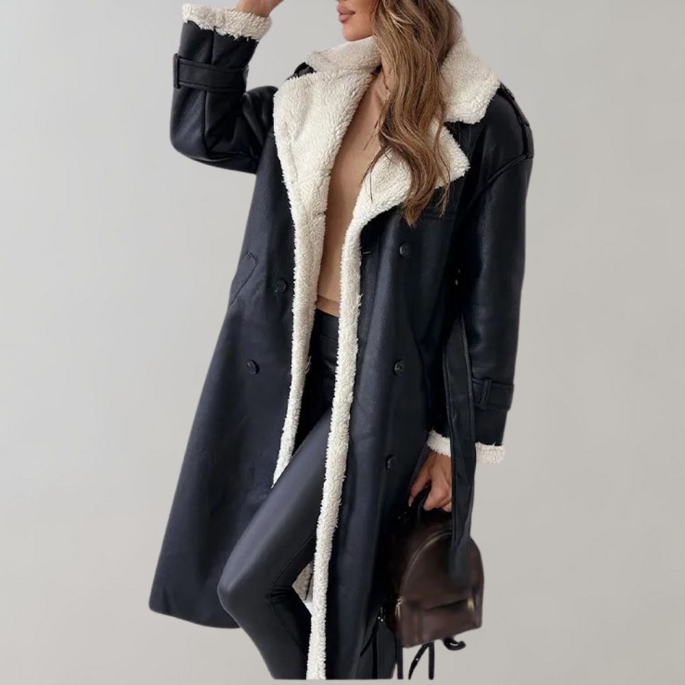 Ondine™ | Women's Faux Leather Double Breasted Long Coat with Faux Shearling Lining