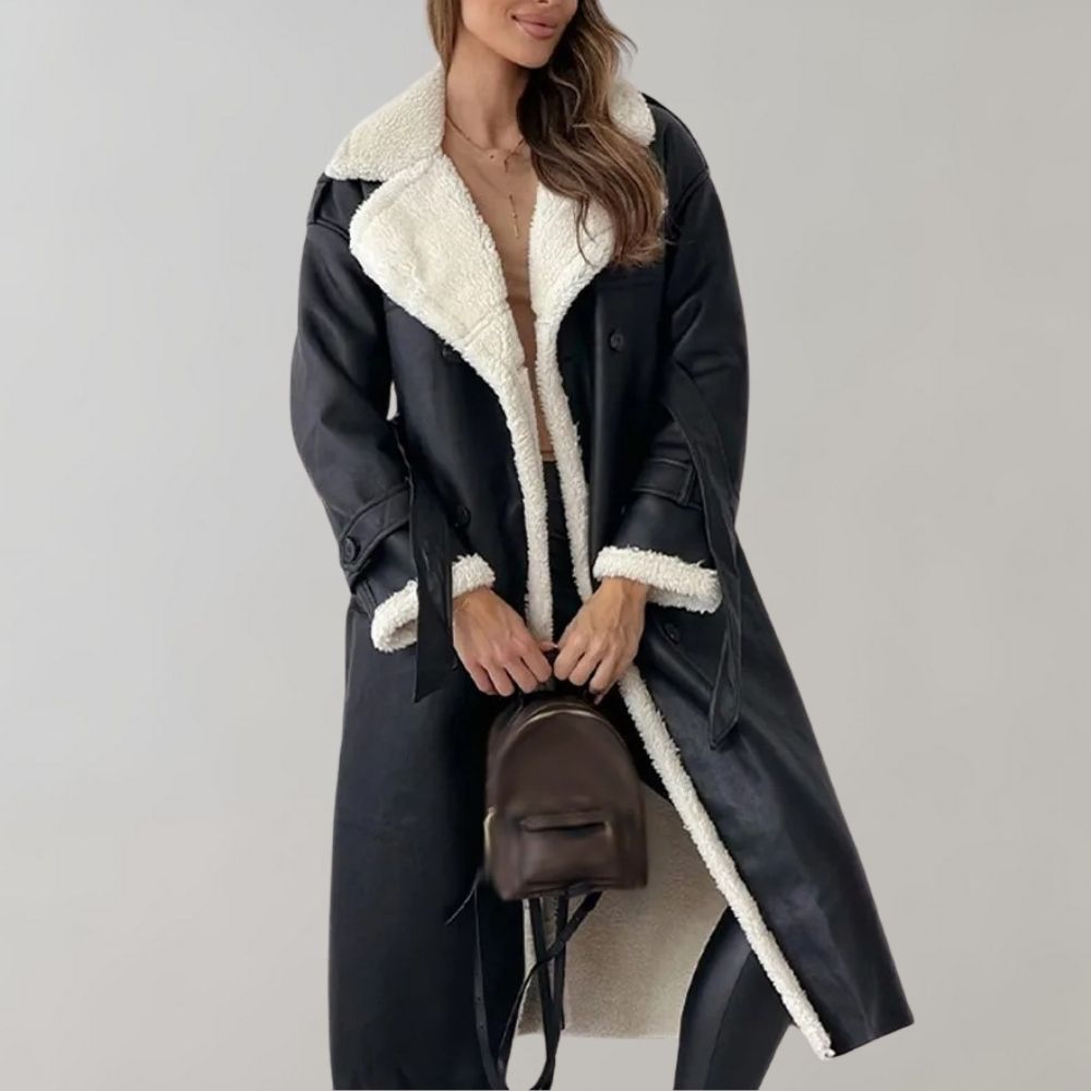 Ondine™ | Women's Faux Leather Double Breasted Long Coat with Faux Shearling Lining