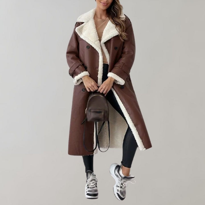 Ondine™ | Women's Faux Leather Double Breasted Long Coat with Faux Shearling Lining