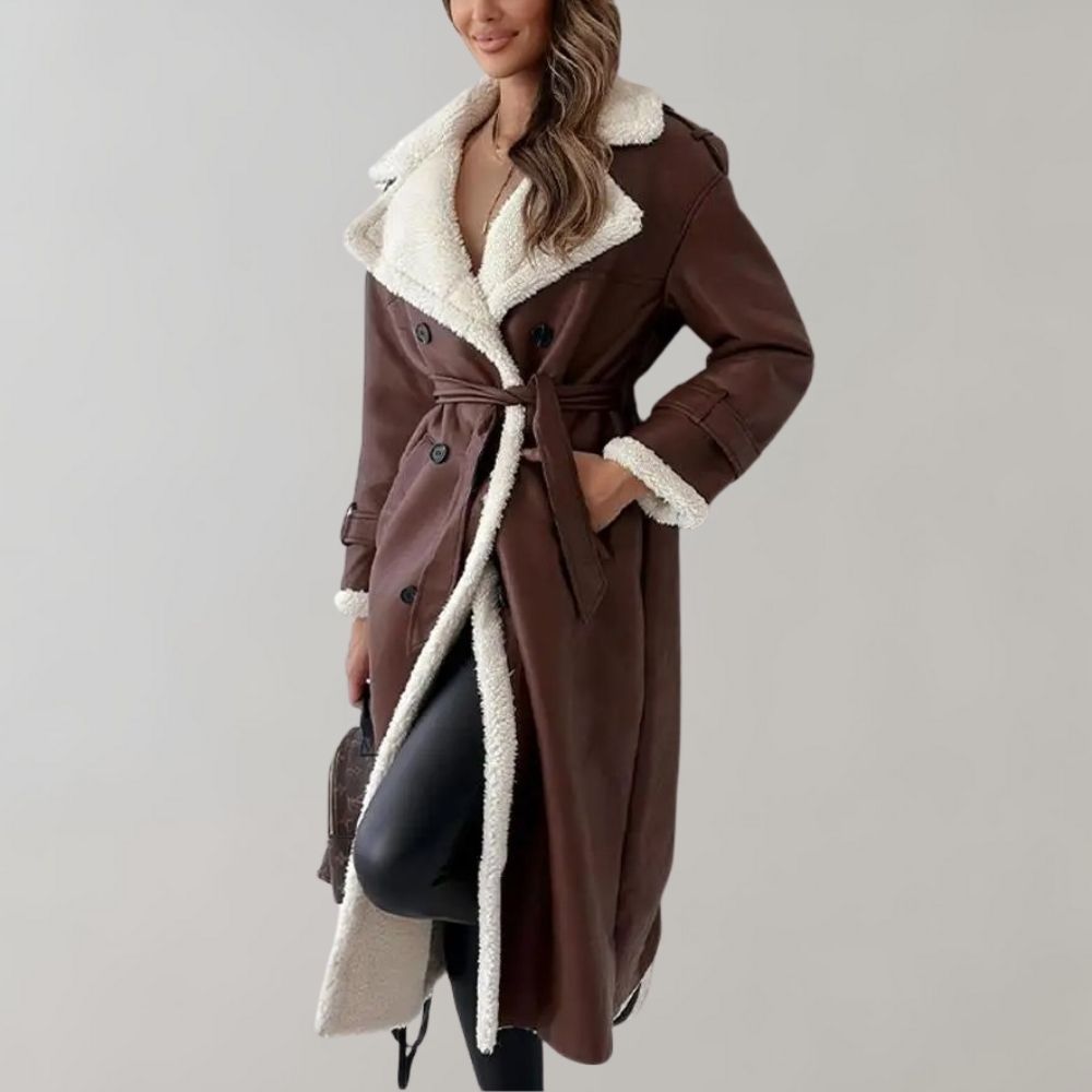 Ondine™ | Women's Faux Leather Double Breasted Long Coat with Faux Shearling Lining