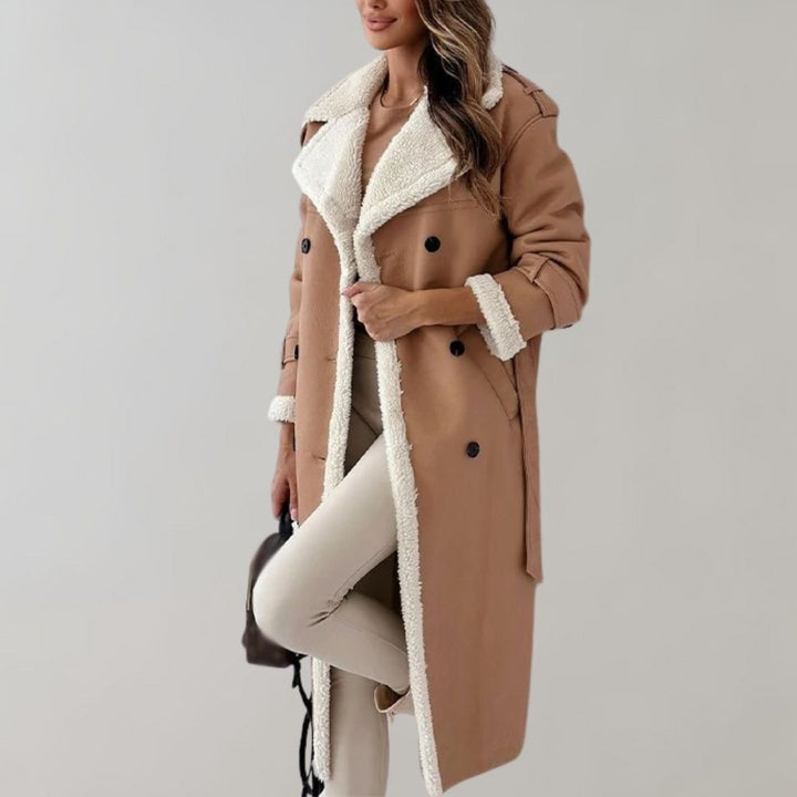 Ondine™ | Women's Faux Leather Double Breasted Long Coat with Faux Shearling Lining