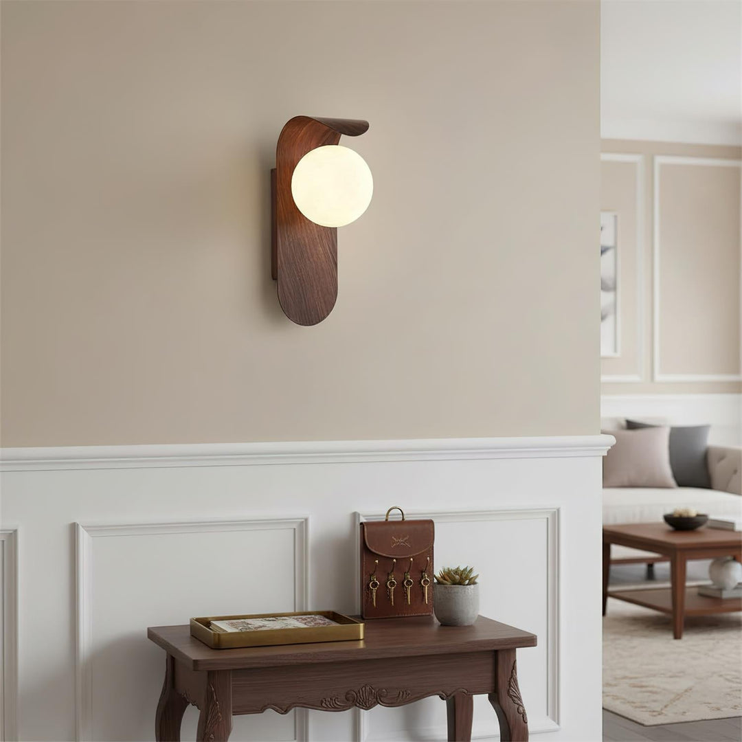 Wood Wall Light with Opal Globe Shade — view 2