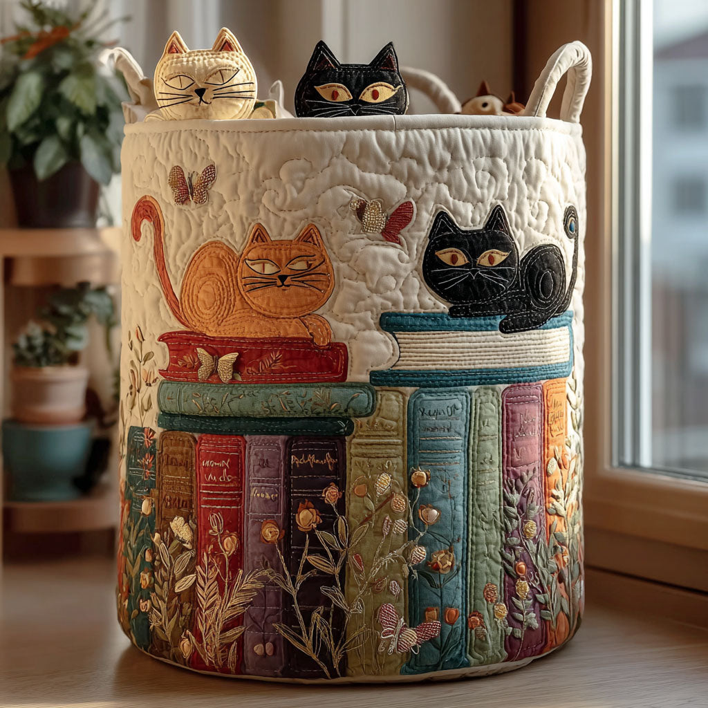 Cats on a Bookshelf Laundry Basket – Quilted Collapsible Fabric Storage Hamper with Handles