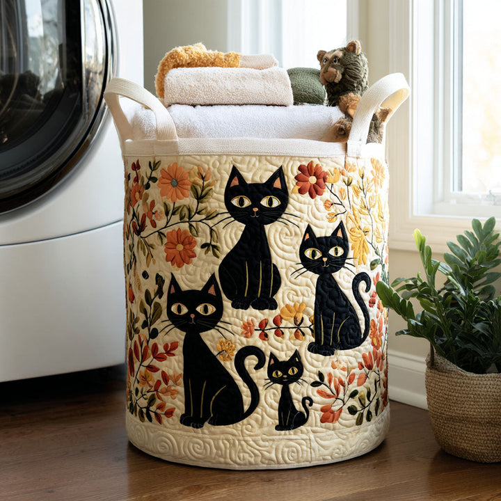 Folk Art Cats Laundry Basket – Quilted Collapsible Fabric Storage Hamper with Handles
