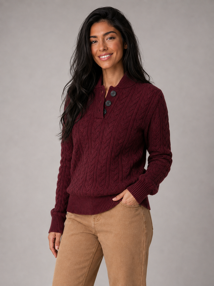 Cable Knit Sweater with Buttoned Stand Collar