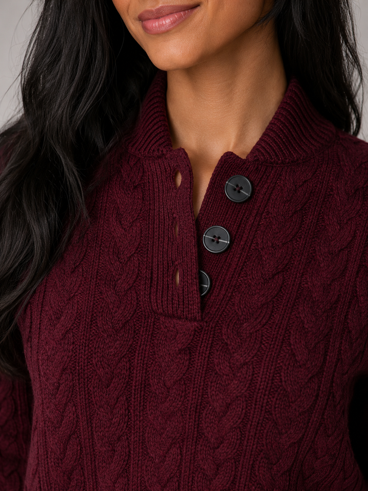 Cable Knit Sweater with Buttoned Stand Collar