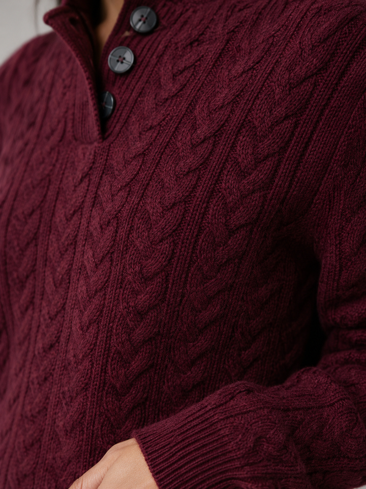Cable Knit Sweater with Buttoned Stand Collar