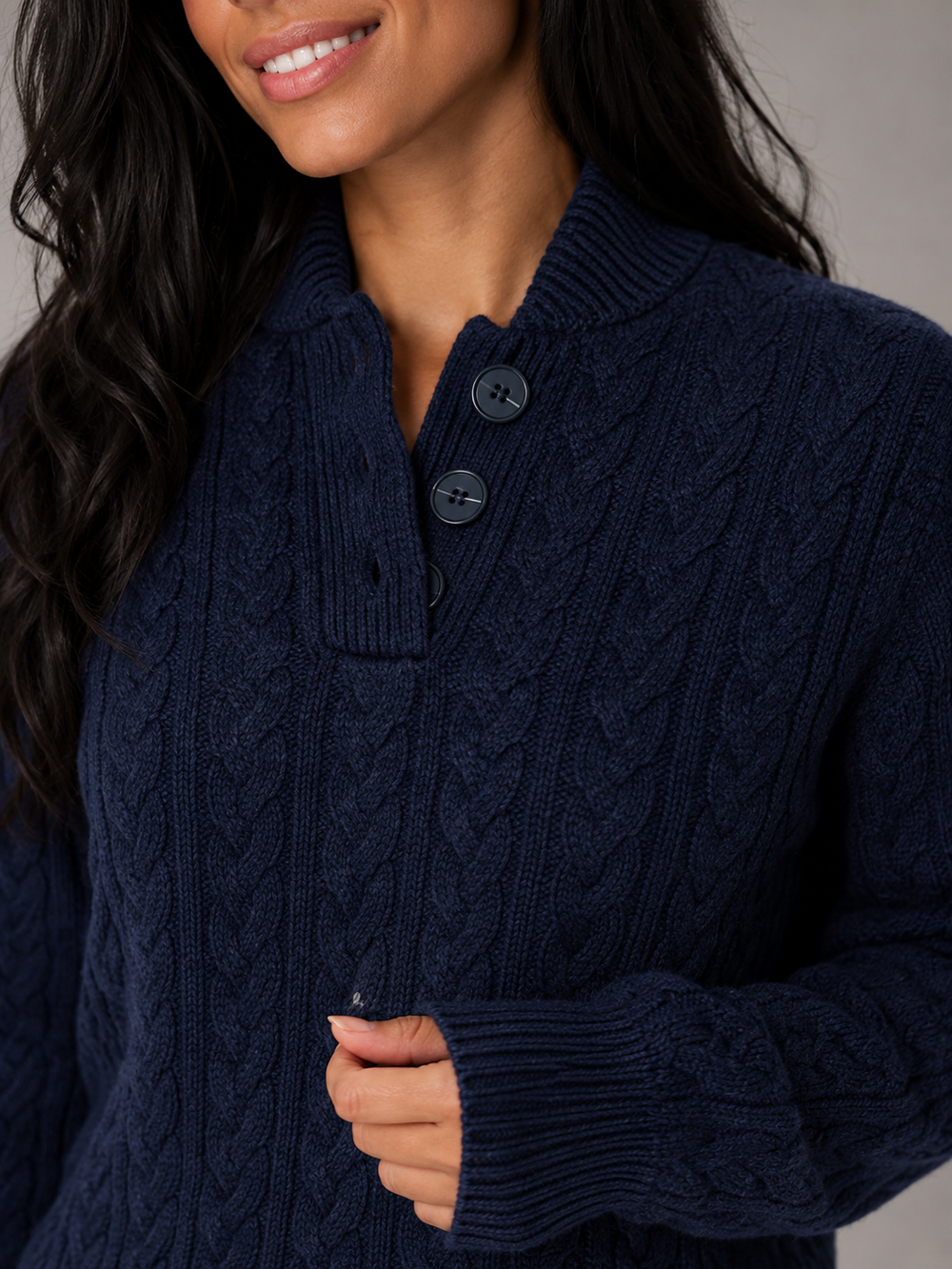Cable Knit Sweater with Buttoned Stand Collar