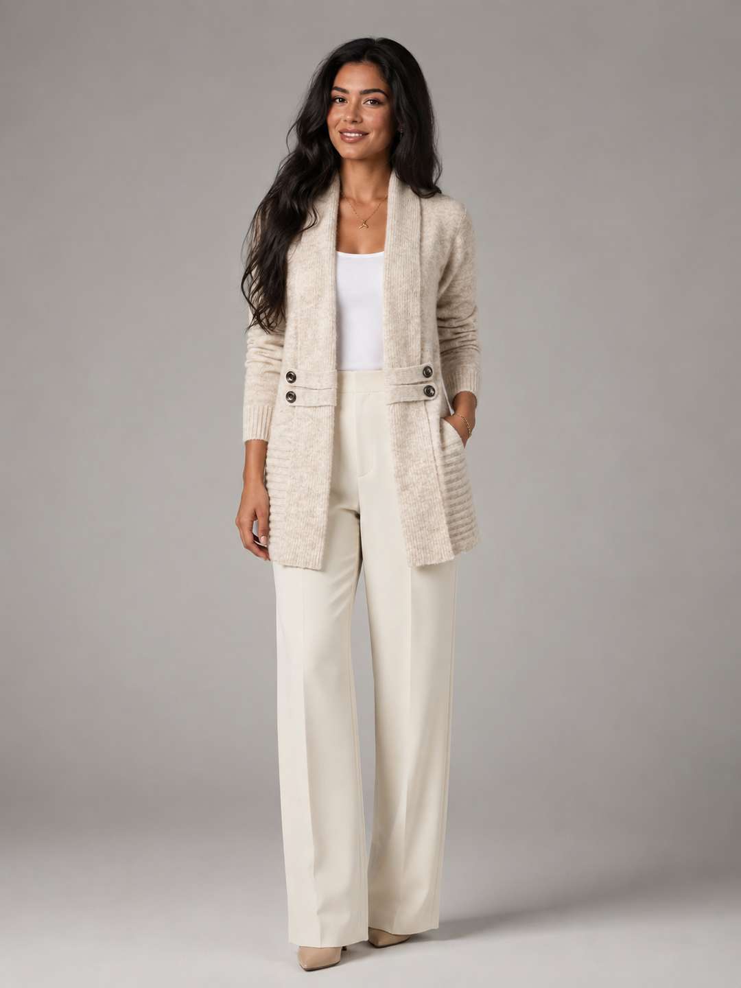 Knit Shawl Collar Cardigan with Button-Tab Waist