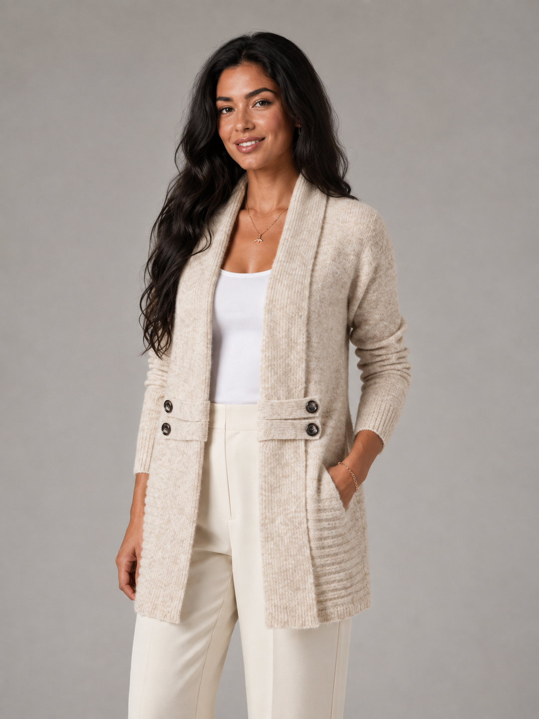 Knit Shawl Collar Cardigan with Button-Tab Waist