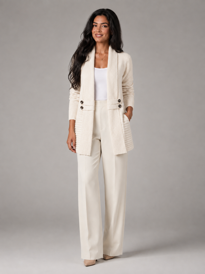 Knit Shawl Collar Cardigan with Button-Tab Waist