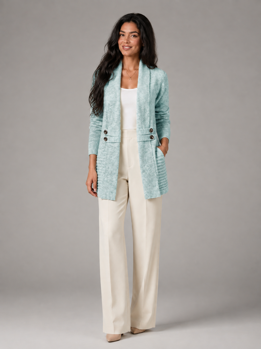 Knit Shawl Collar Cardigan with Button-Tab Waist