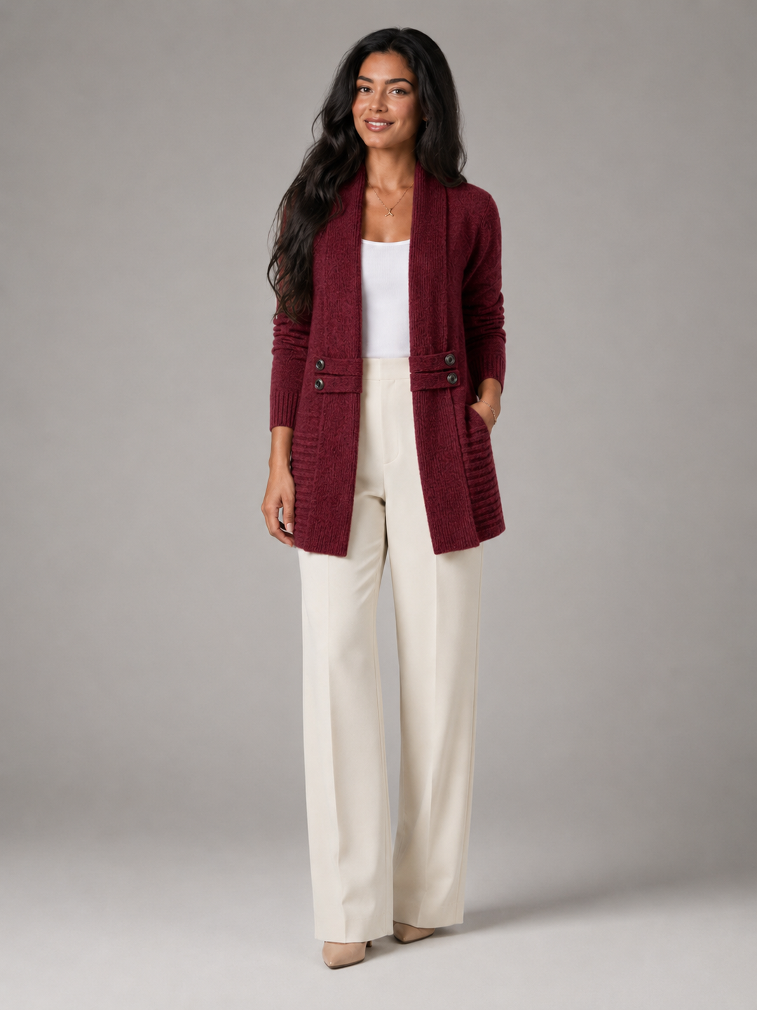 Knit Shawl Collar Cardigan with Button-Tab Waist