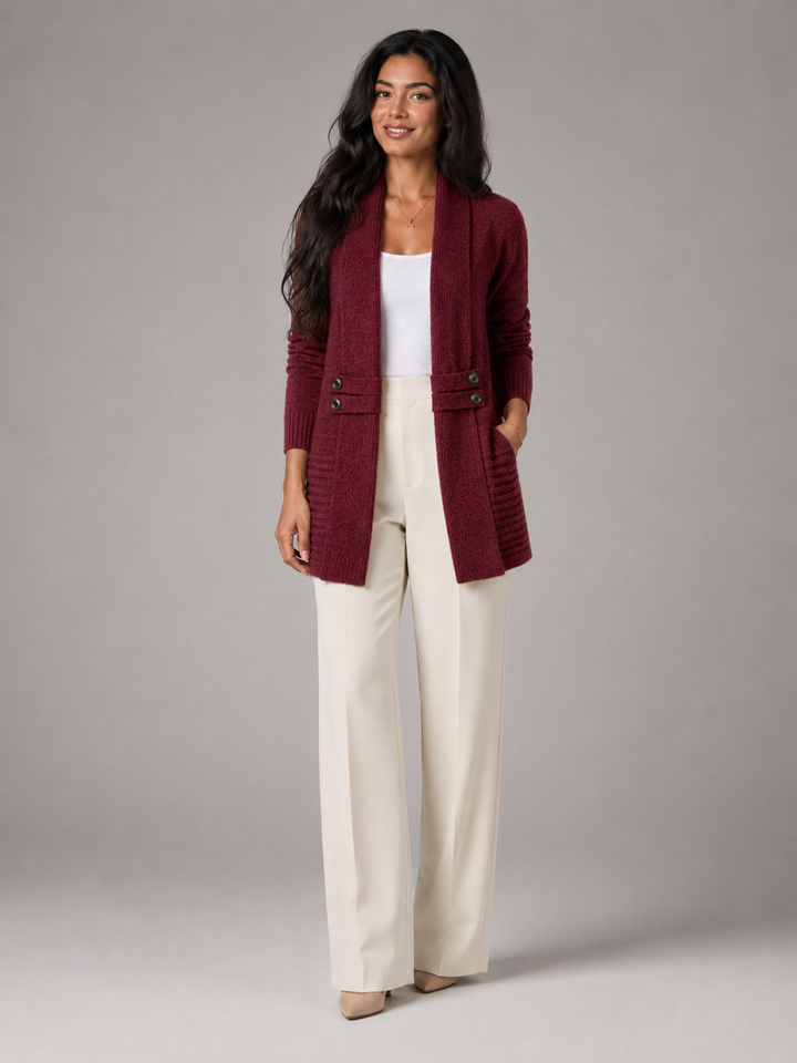 Knit Shawl Collar Cardigan with Button-Tab Waist
