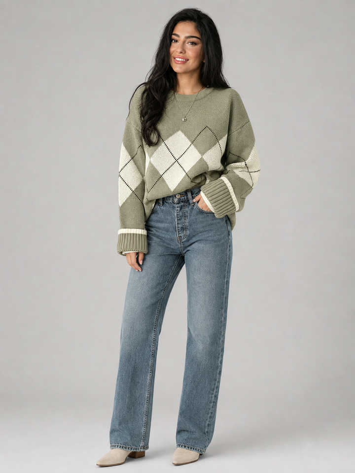 Green Argyle Knit Oversized Crewneck Sweater