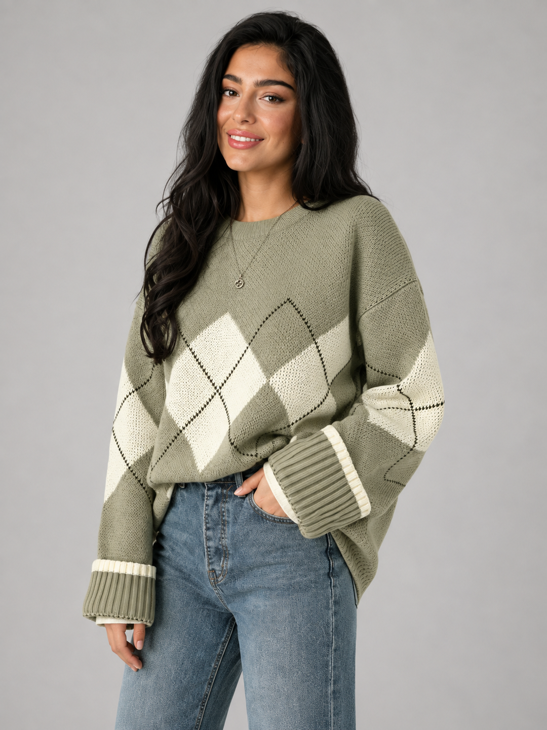 Green Argyle Knit Oversized Crewneck Sweater
