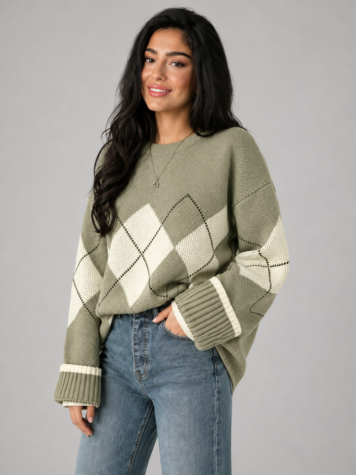 Green Argyle Knit Oversized Crewneck Sweater