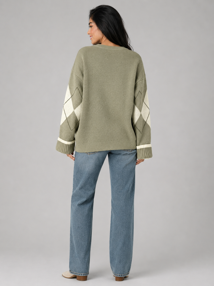 Green Argyle Knit Oversized Crewneck Sweater