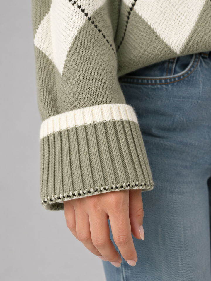 Green Argyle Knit Oversized Crewneck Sweater
