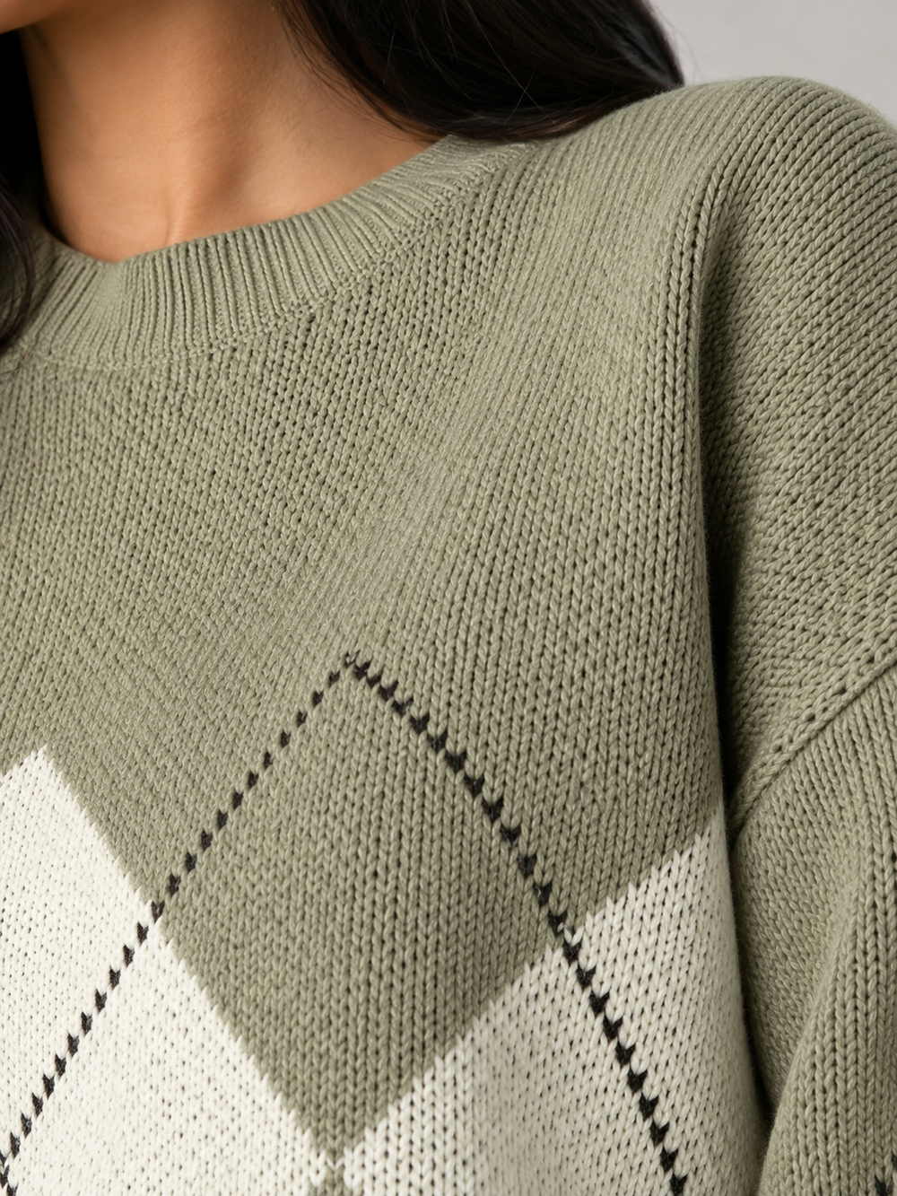Green Argyle Knit Oversized Crewneck Sweater