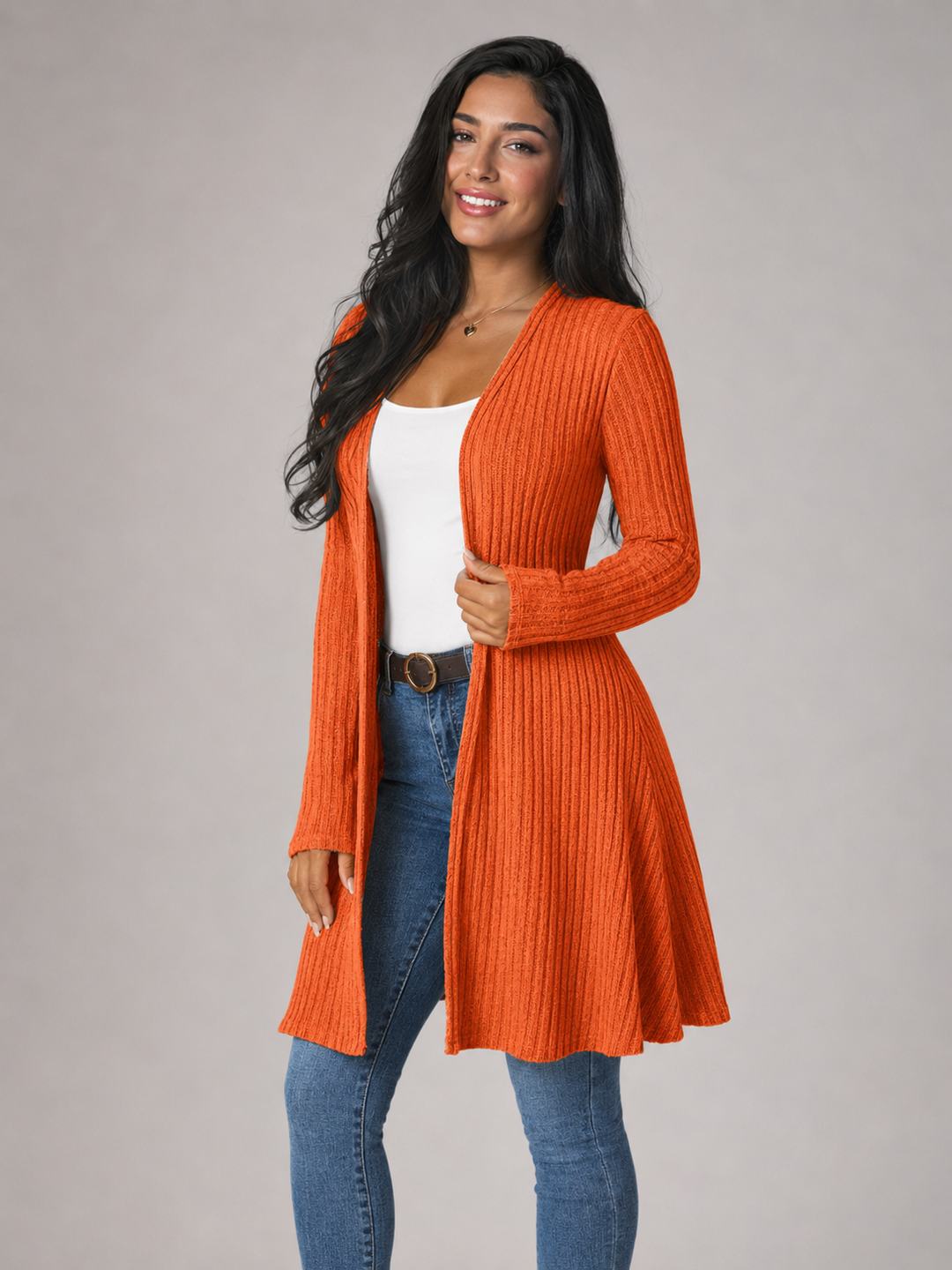 Ribbed Knit Longline Open Front Cardigan