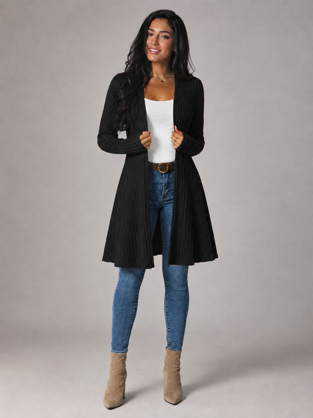 Ribbed Knit Longline Open Front Cardigan