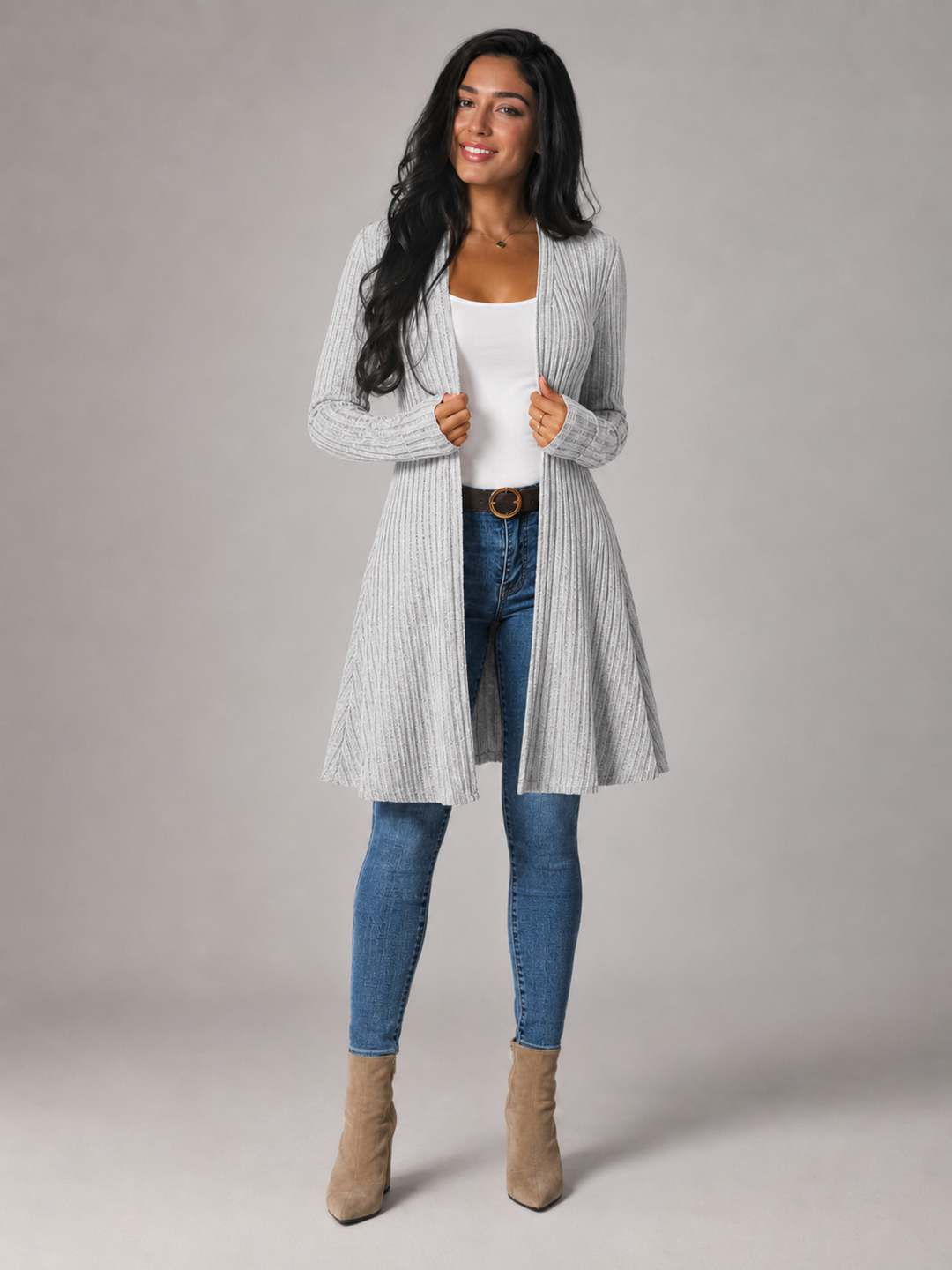 Ribbed Knit Longline Open Front Cardigan