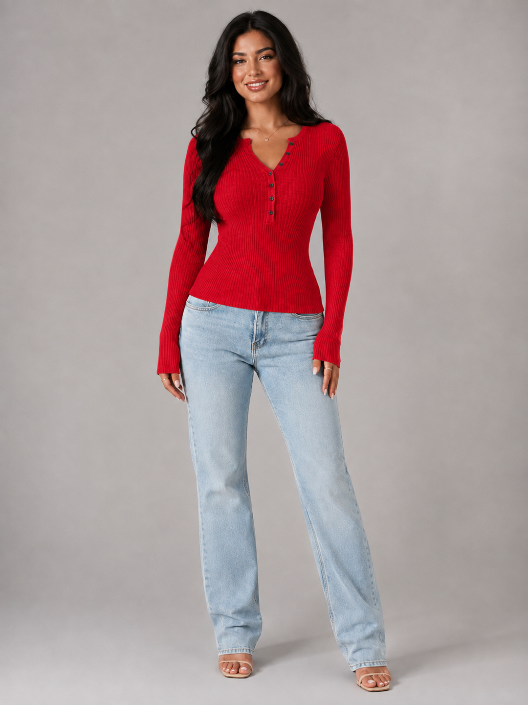 Ribbed Knit Henley Top with Button Placket