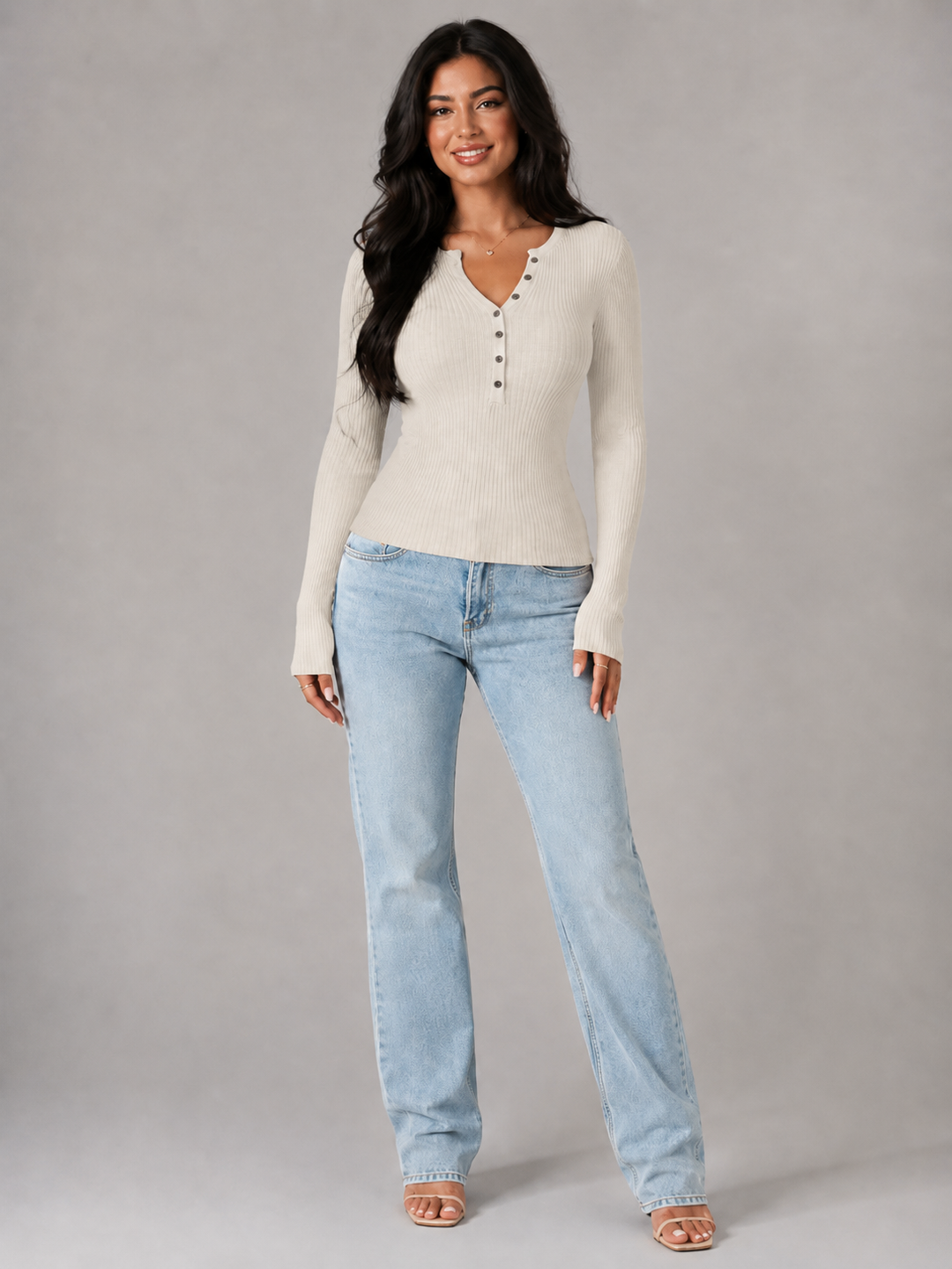 Ribbed Knit Henley Top with Button Placket