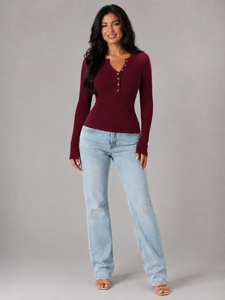 Ribbed Knit Henley Top with Button Placket